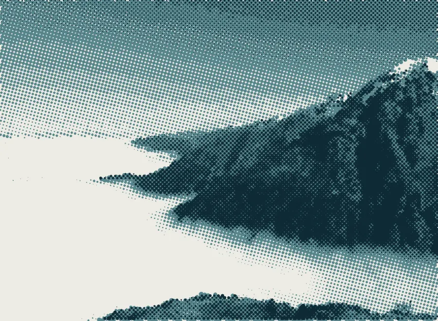 Versant de Belledonne émergeant d’une mer de nuages au-dessus de la vallée, en trame bleu minéral.